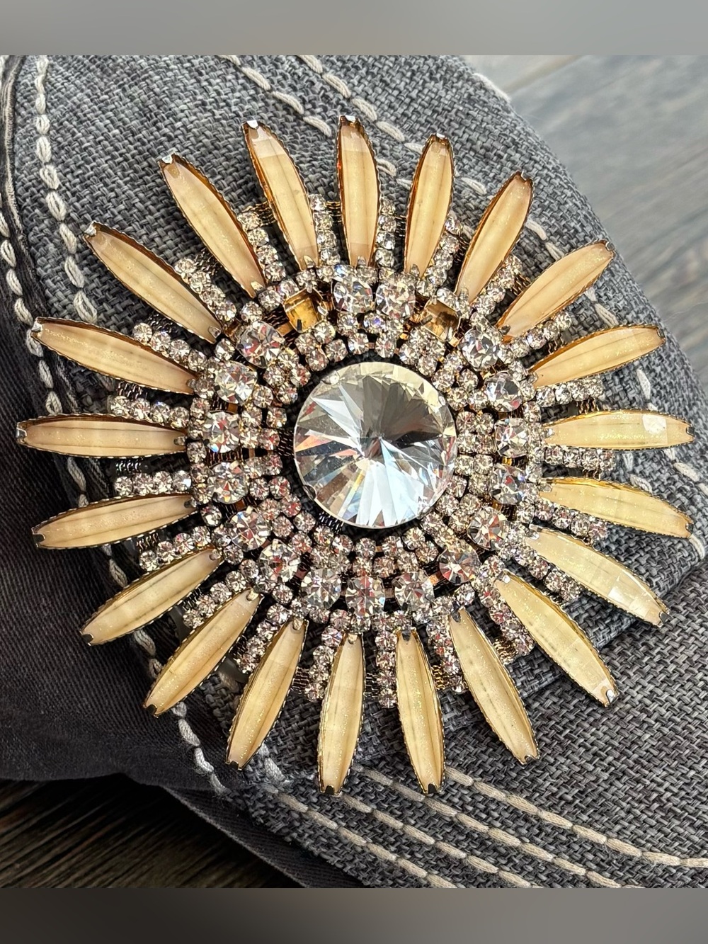 Olive & Pique Rhinestone Flower Baseball Cap Hat Washed Gray Embroidered *Read - Picture 4 of 11